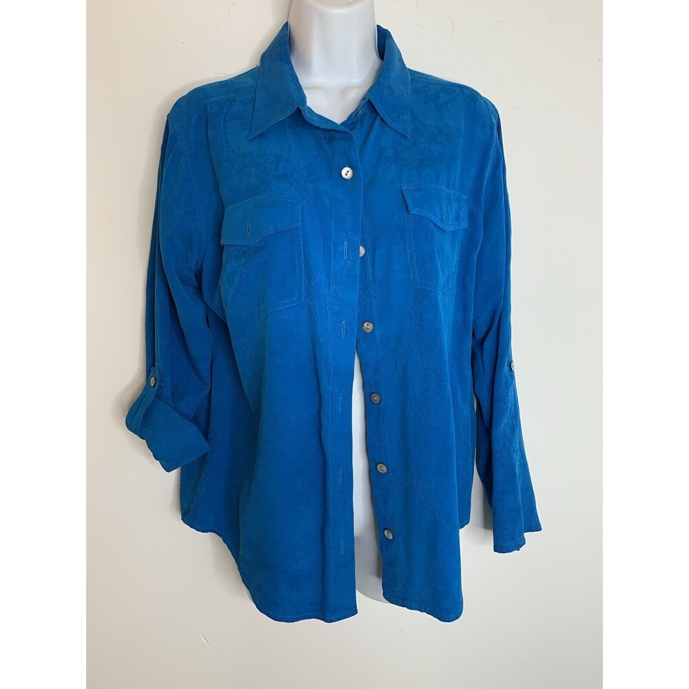 Chico's SILK Design VTG Blue Button Front sz 1 M Top Blouse (09